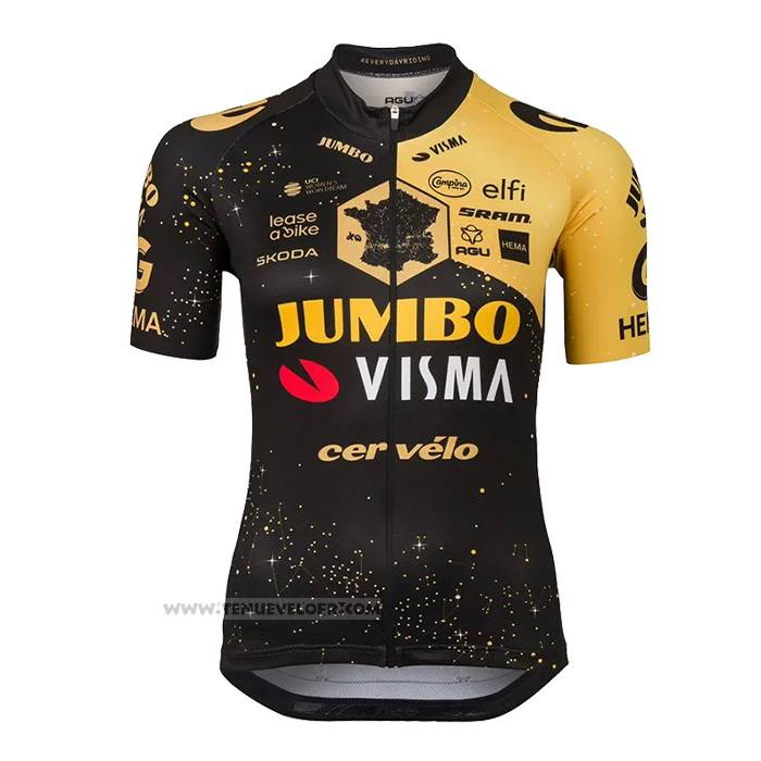 2023 Maillot Cyclisme Femme Jumbo Visma Noir Jaune Manches Courtes et Cuissard